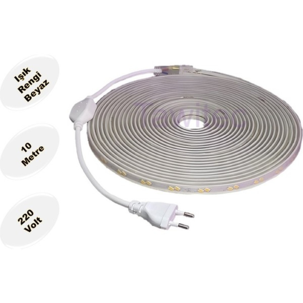 Tawitec Hortum Şerit LED 220 Volt Su Geçirmez Fiş Dahil Metrede 68 LED 5730 Beyaz 10 Metre - 10 m Led Aydınlatmalar Fiyatı