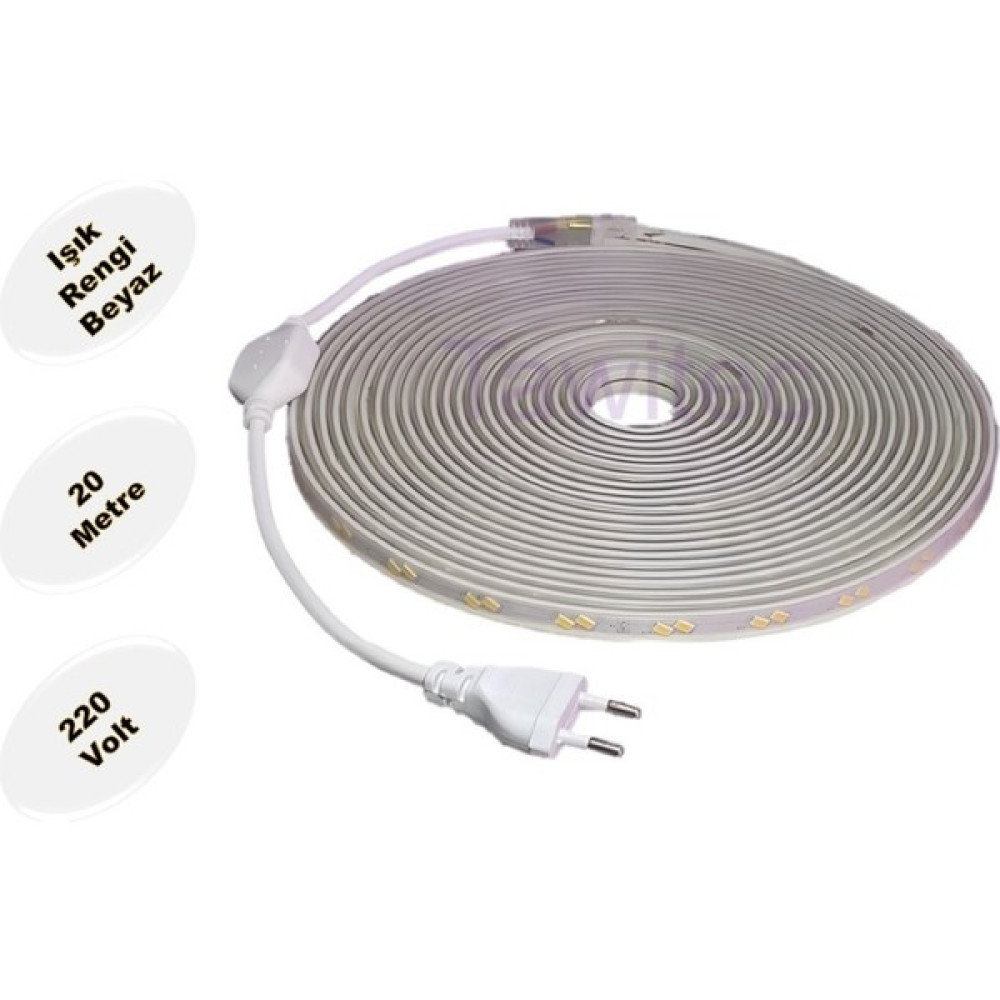 Tawitec Hortum Şerit LED 220 Volt Su Geçirmez Fiş Dahil Metrede 68 LED 5730 Beyaz 20 Metre - 20 m Led Aydınlatmalar Fiyatı