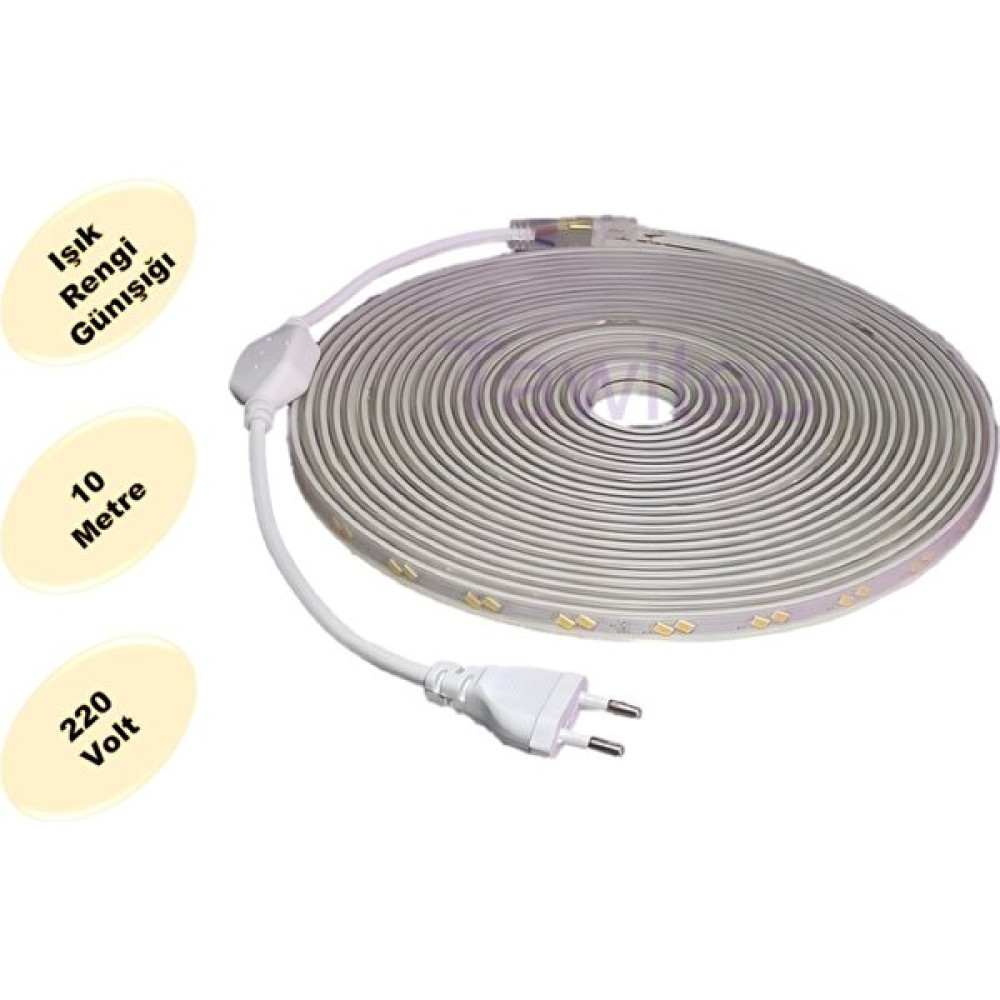 Tawitec Hortum Şerit LED 220 Volt Su Geçirmez Fiş Dahil Metrede 68 LED 5730 Günışığı 10 Metre - 10 m - Gün Işığı Led Aydınlatmalar Fiyatı