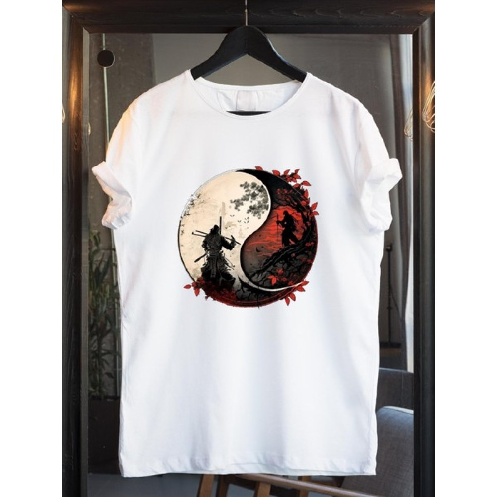 Tbas Yin Yang Tasarımlı Pamuklu Oversize Tişört. Yin Yang ve Samuray Temalı Unisex Tişört Erkek T-shirt Fiyatı