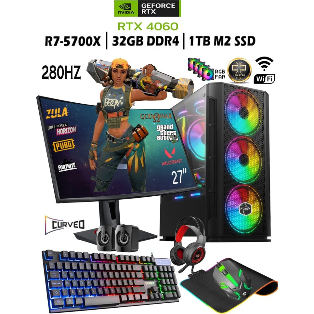 TC73 Ryzen 7 5700X 32GB 1tb M.2 SSD RTX4060 8gb 27'' 280HZ Curved Masaüstü Oyuncu Bilgisayarı Masaüstü Bilgisayar Fiyatı