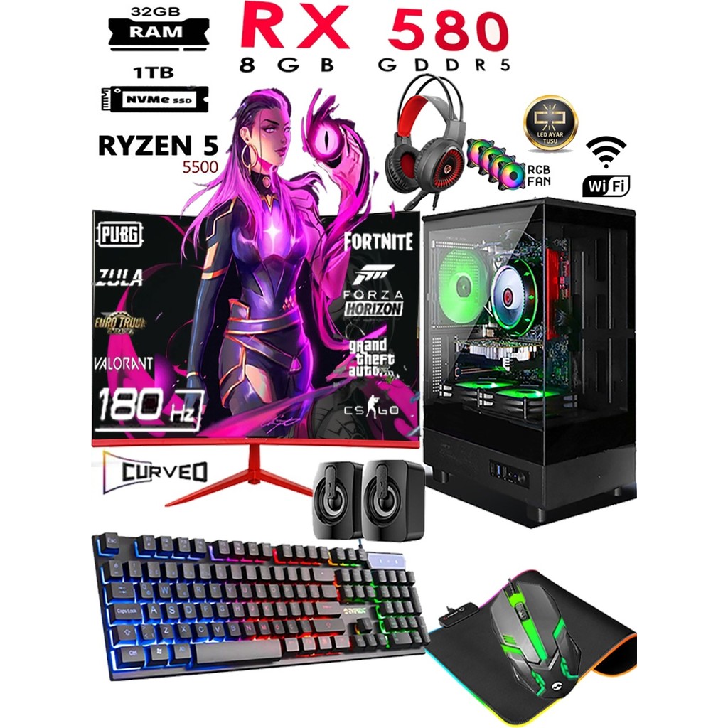 TC81X Ryzen 5 5500 32GB 1tb M.2 Nvme SSD RX580 8gb 24'' 180hz Curved Oyuncu Masaüstü Bilgisayarı SSD / Solid State Drive Fiyatı