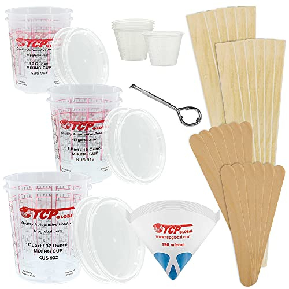 TCP Global Premium Paint Mixing Essentials Kit with 12 Cups, 12 Sticks, 12 Paddles, 12 Strainers & Can Opener