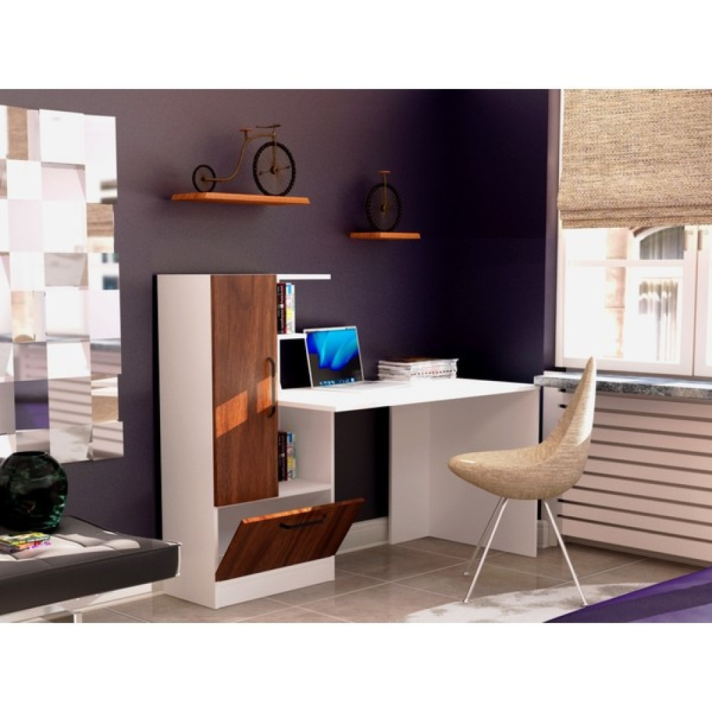 Tdesigno Berlin Kitaplıklı Çalışma Masası 150 cm - Y: 120 cm D: 60 cm G: 150 cm - Ceviz - Beyaz Çalışma Masası Fiyatı