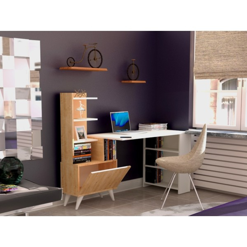 Tdesigno Ibizia Kitaplıklı Çalışma Masası 155 cm Safir Meşe Beyaz - Y: 120 cm D: 60 cm G: 150 cm - Meşe - Beyaz Çalışma Masası Fiyatı