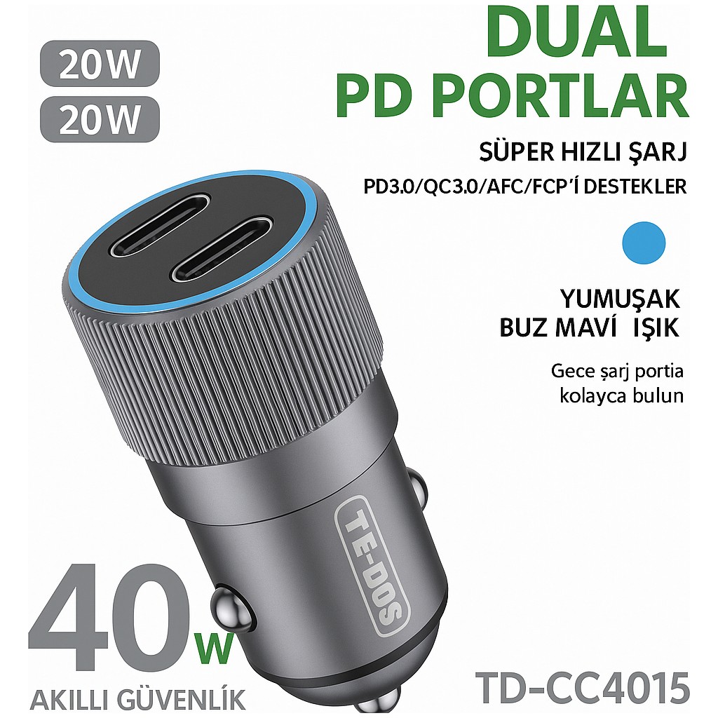 Te-Dos 40W Çift Pd Portlu Araç Şarj Cihazı 2X20W Hızlı Şarj Pd3.0 Qc3.0 Destekli Metal Gövde - Gri Diğer Fiyatı