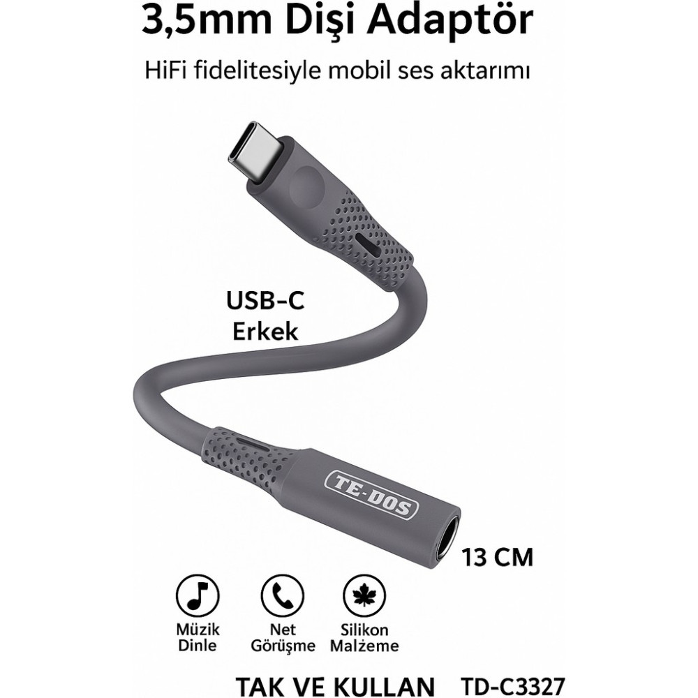 Te-Dos TD-C3327 Type-C-3.5mm Kulaklık Dönüştürücü Hifi Ses Aktarımı Dac Çipli Tak ve Kullan 13CM - Gri Kulaklık Aksesuarı Fiyatı