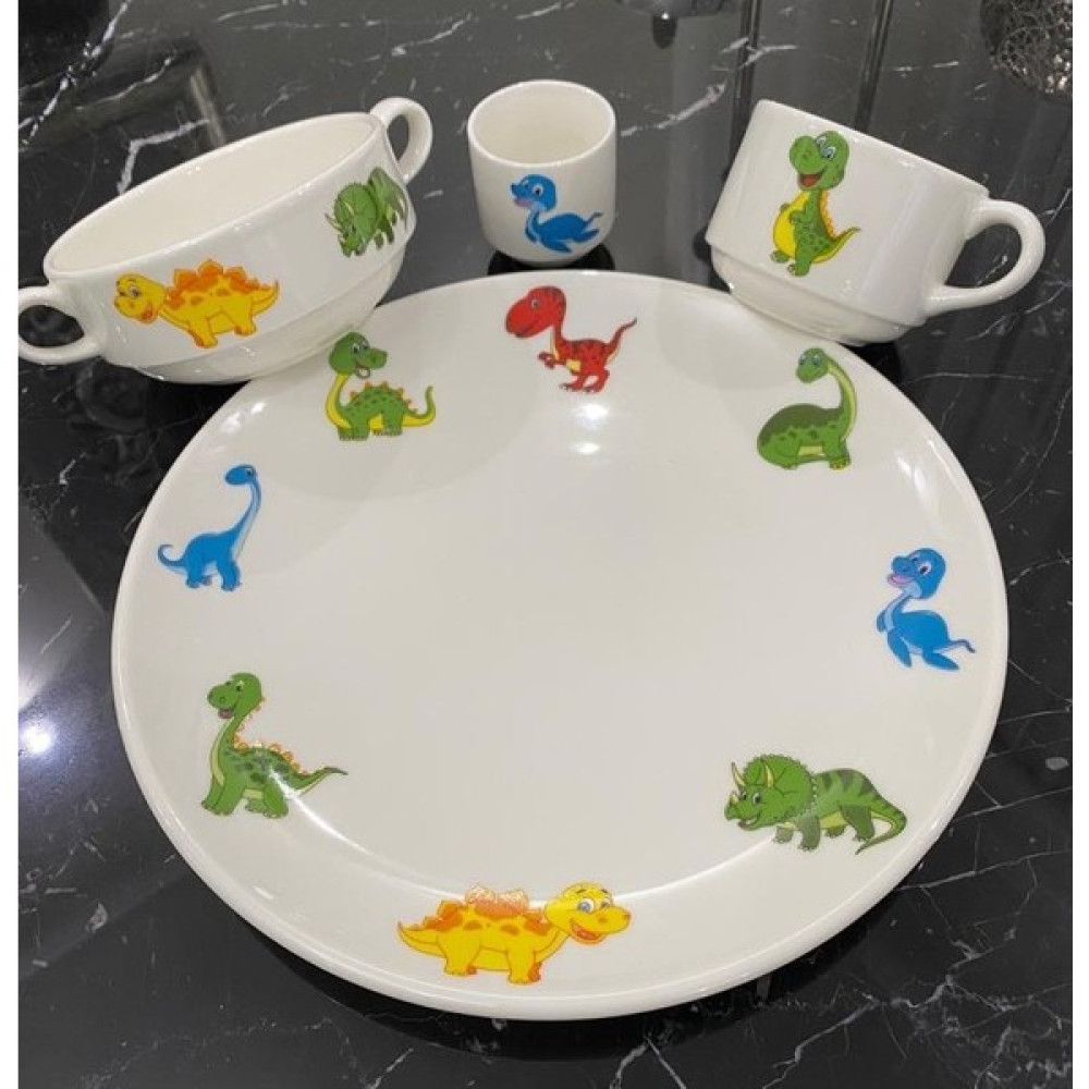 Tebak Collection Dinazor Desenli 4 Parça Porselen Çocuk Yemek Takımı Mama Seti Mama Seti Fiyatı