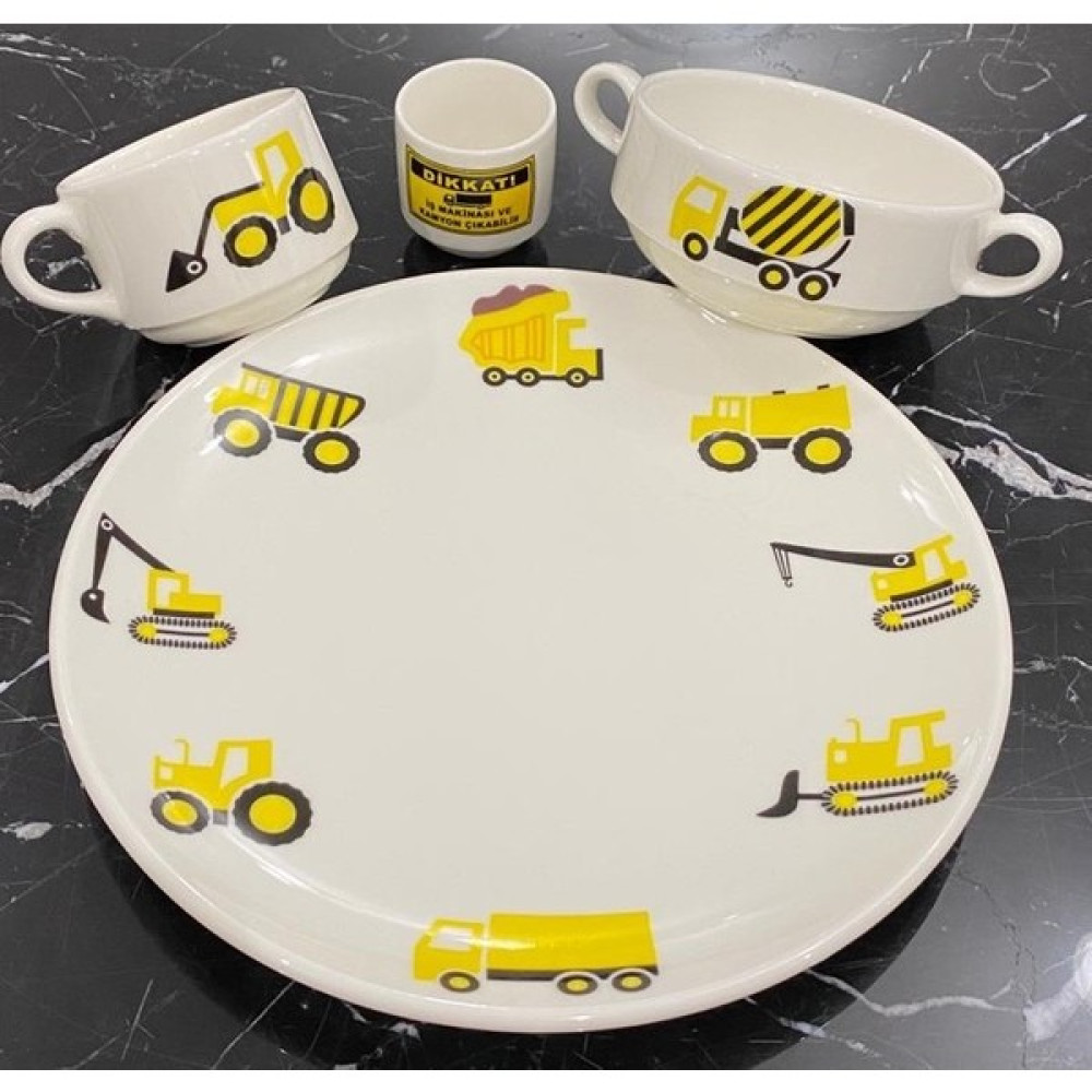 Tebak Collection Iş Makinaları Desenli 4 Parça Porselen Çocuk Yemek Takımı Mama Seti Mama Seti Fiyatı