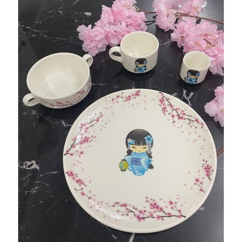 Tebak Collection Kokeshi Bebekleri Mavi Desenli 4 Parça Porselen Çocuk Yemek Takımı Mama Seti Mama Seti Fiyatı