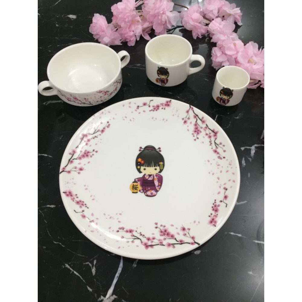 Tebak Collection Kokeshi Bebekleri Mor Desenli 4 Parça Porselen Çocuk Yemek Takımı Mama Seti Mama Seti Fiyatı