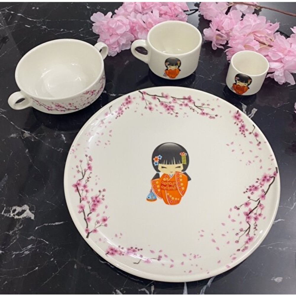 Tebak Collection Kokeshi Bebekleri Turuncu Desenli 4 Parça Porselen Çocuk Yemek Takımı Mama Seti Mama Seti Fiyatı