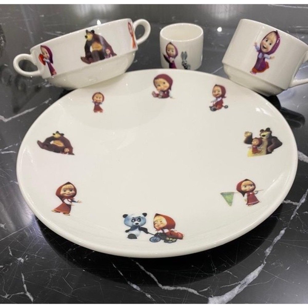 Tebak Collection Maşa ve Kocaayı Desenli 4 Parça Porselen Çocuk Yemek Takımı Mama Seti Mama Seti Fiyatı