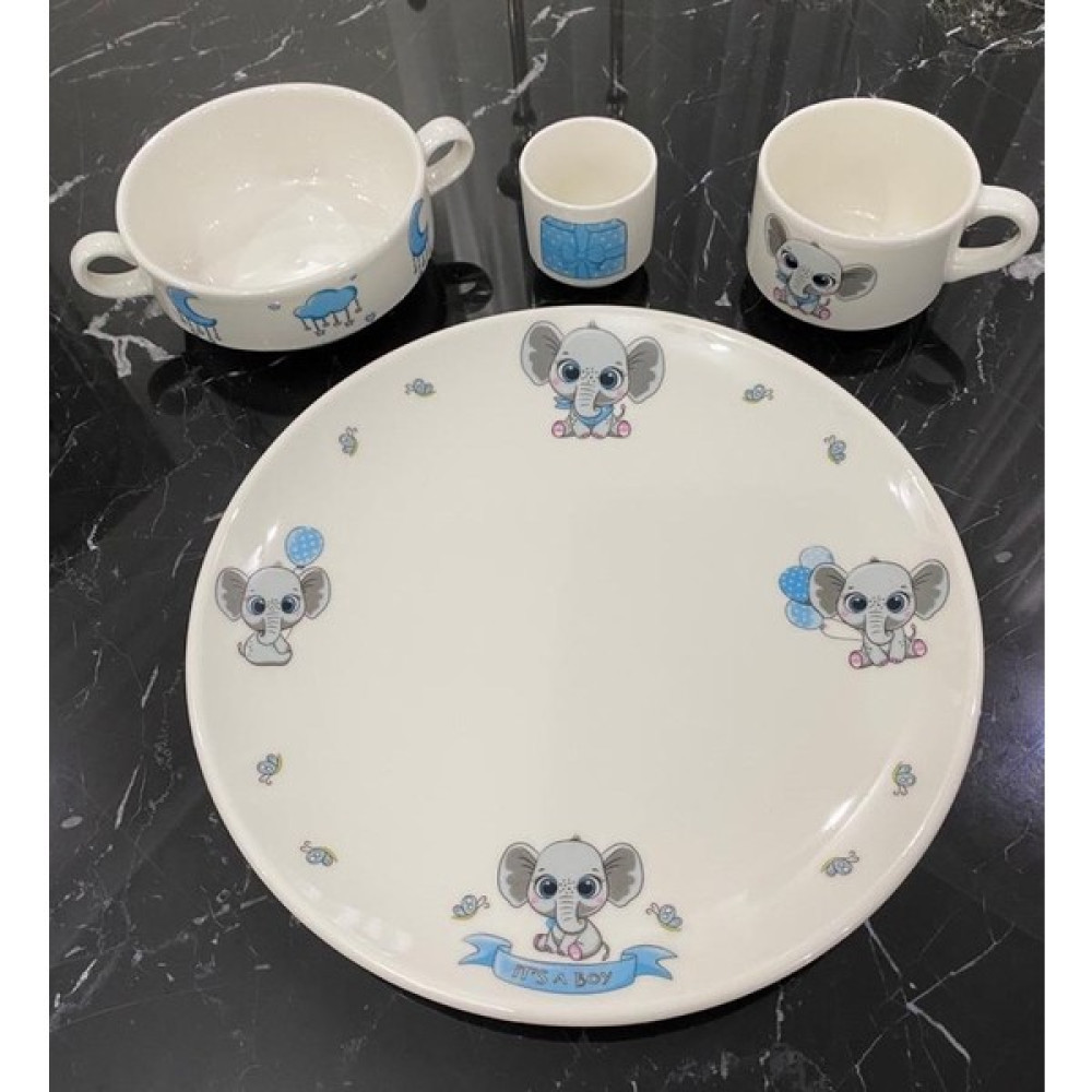 Tebak Collection Mavi Fil Desenli 4 Parça Porselen Çocuk Yemek Takımı Mama Seti Mama Seti Fiyatı
