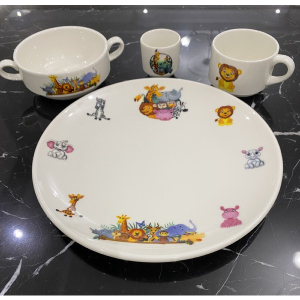 Tebak Collection Safari Desenli 4 Parça Porselen Çocuk Yemek Takımı Mama Seti Mama Seti Fiyatı