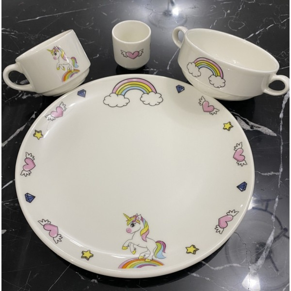 Tebak Collection Unicorn Desenli 4 Parça Porselen Çocuk Yemek Takımı Mama Seti Mama Seti Fiyatı