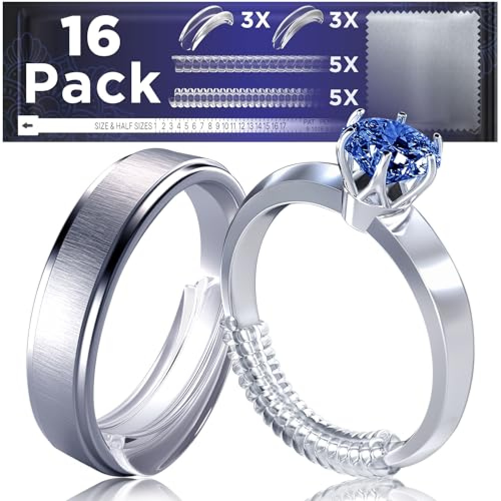 TECEUM Ring Size Adjuster Kit for Loose Rings – Set of 10 Spiral & 6 Pad Ring Guards – Unisex Ring Tightener for Types Wide Women's Rings – Invisible Spacers with Microfiber Cloth