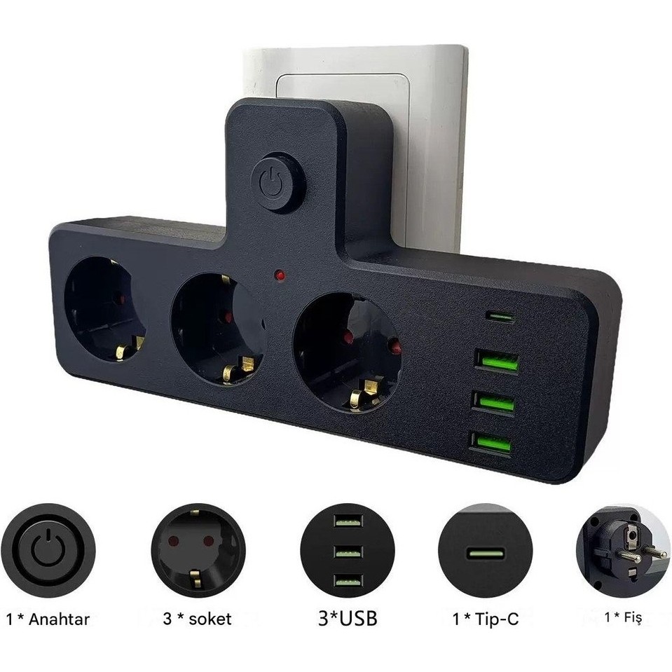 Techmaster Akım Koruyucu 3lü Priz 3x USB 1x Type-C Girişli Termal Koruma Özellikli Çin Menşeli Bilgisayar Çevirici ve Adaptörü Fiyatı