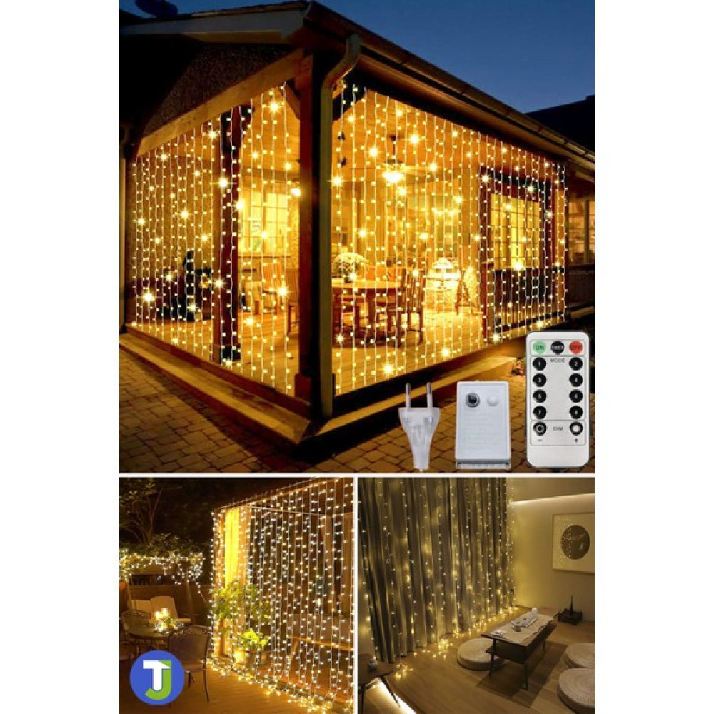 Technojet 2,5 x 2,5 M Kumandalı Perde LED 8 Modlu Kalın Kablolu 12 Saçak 180 LED Fişli Eklenebilir - Amber Led Aydınlatmalar Fiyatı
