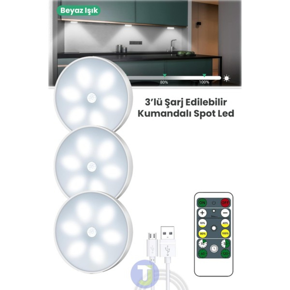 Technojet 3 Adet Akıllı Hareket Sensörlü Kumandalı USB Şarj Kablosuz Spot LED Beyaz Işık Gece Lambası Led Aydınlatmalar Fiyatı