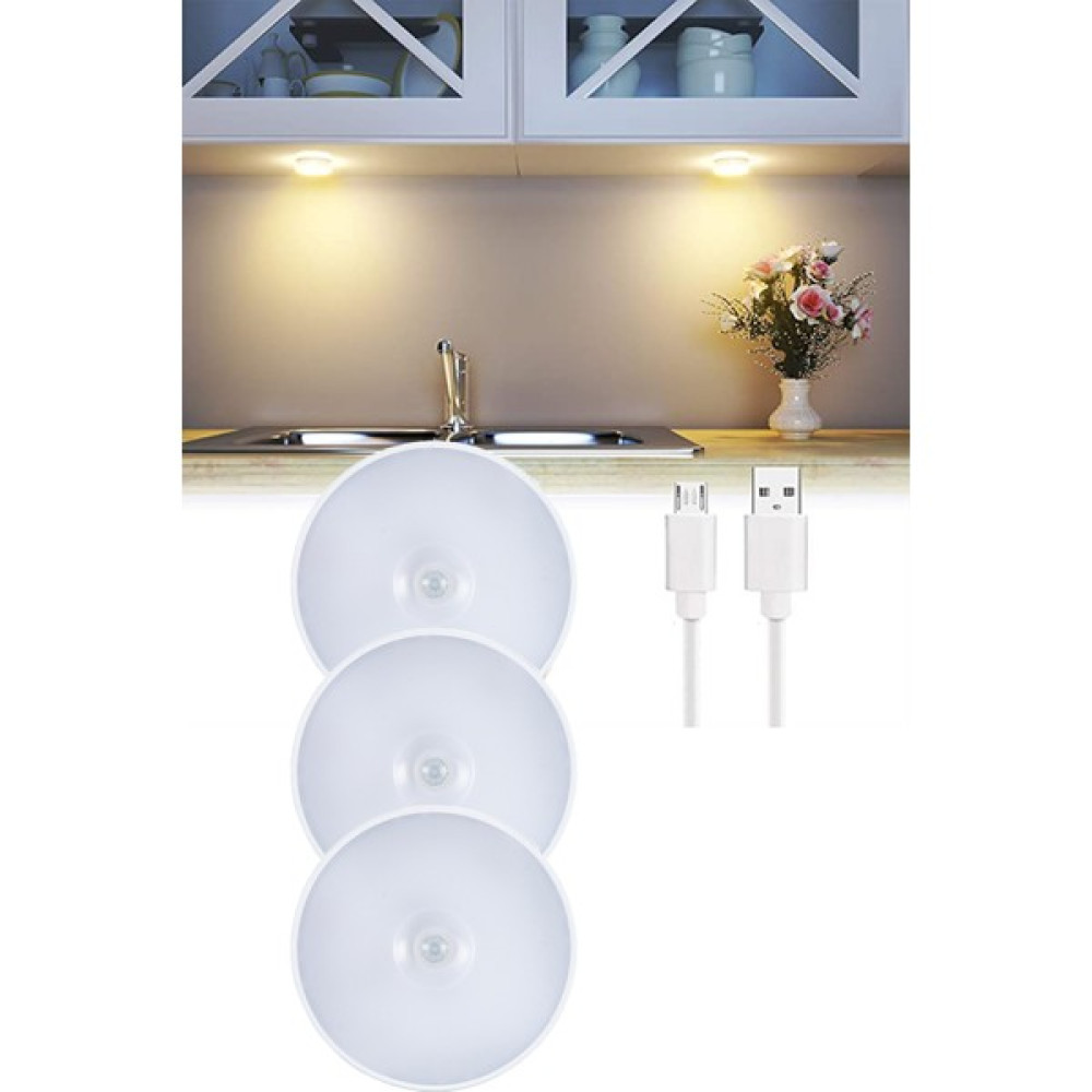 Technojet 3 Adet USB ile Şarj Edilebilir Akıllı Hareket Sensörlü Kablosuz Spot LED Lamba Sarı Işık Spot Fiyatı