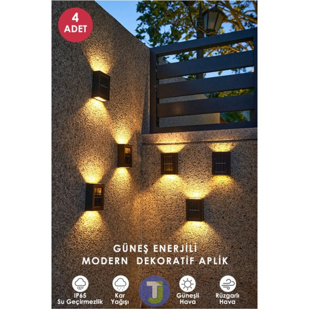 Technojet 4 Adet Modern Solar Güneş Enerjili 4 Ledli Bahçe Aydınlatması Aplik Sarı Işık LED Lamba - Siyah Dış Mekan & Bahçe Oyuncakları Fiyatı