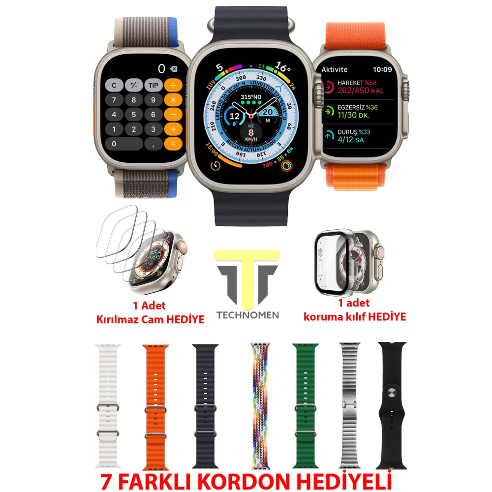 TECHNOMEN Akıllı Saat Y60 Ultra Plus 7 Kordon Kasa Koruma Kırılmaz Cam Hediyeli Smart Watch Akıllı Saat Fiyatı