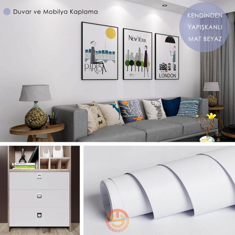 Technosmart 60CM×500CM Kendinden Yapışkanlı Mat Görünümlü Duvar Kağıdı Mutfak Dolap Masa Kaplama - Beyaz - 60 x 500 cm Duvar Kağıdı Fiyatı