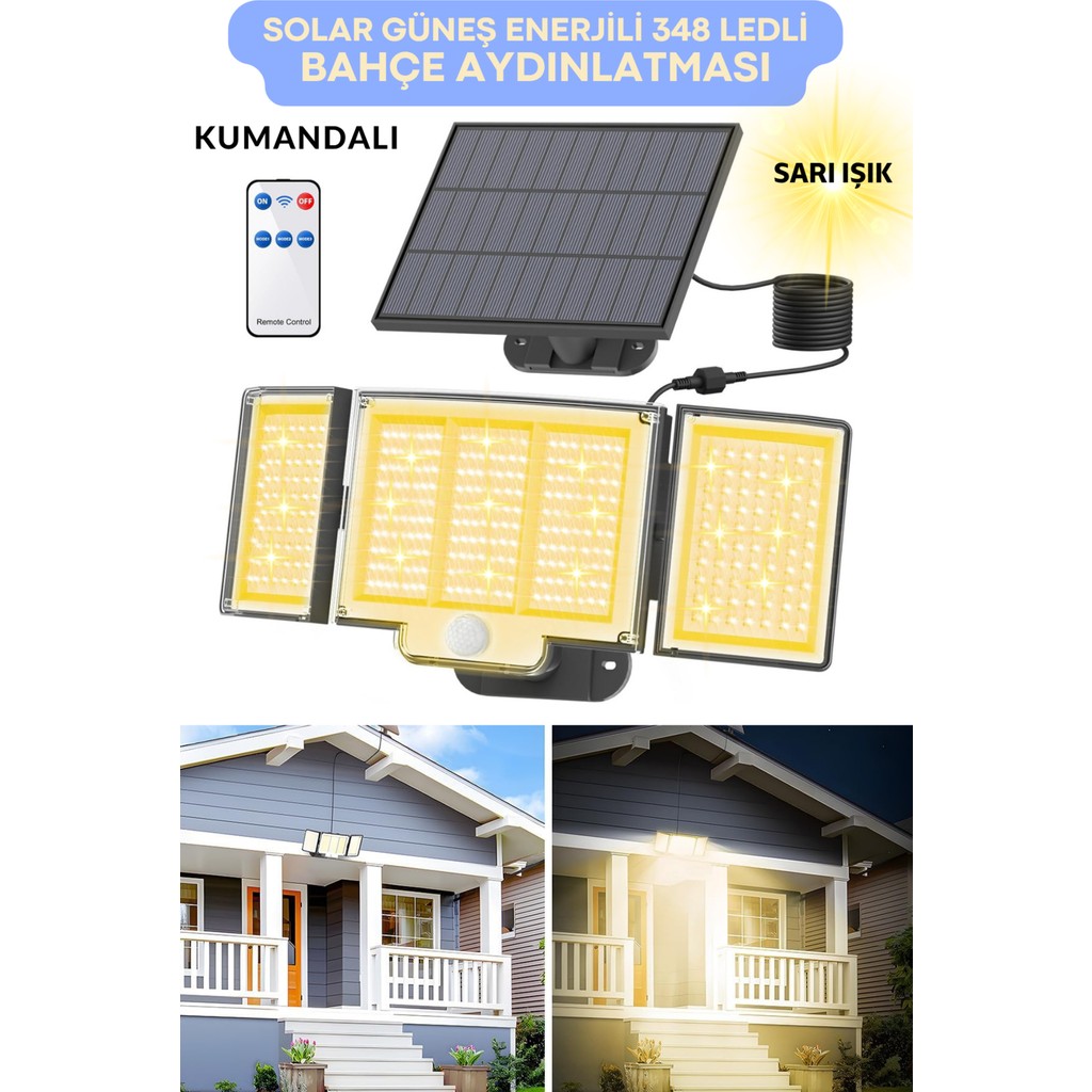 Technosmart Geniş Açılı Solar Projektör Bahçe Aydınlatma – 348 Led, Kumanda Kontrollü, Sarı Işık Diğer Fiyatı
