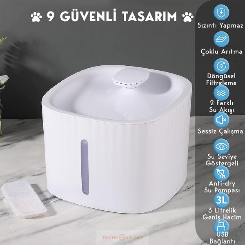 Technosmart Kedi Köpek Su Çeşmesi Su Pınarı Kabı 3 Lt. Seviye Göstergeli 2 Farklı Su Akışlı - Beyaz Evcil Hayvan Ürünleri Fiyatı