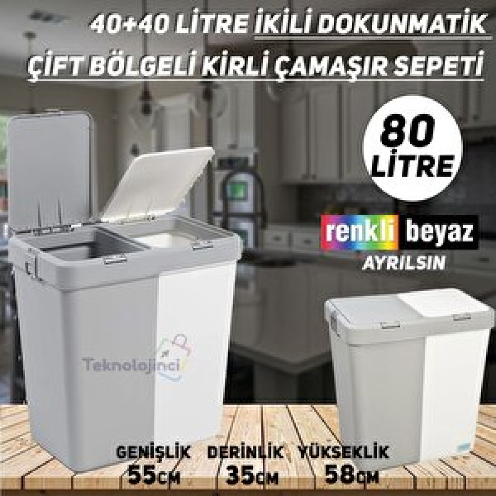 Technow Motek 40+40 İkili Dokunmatik Kapak Laundry Kirli Çamaşır Sepeti Çamaşır Sepeti Fiyatı