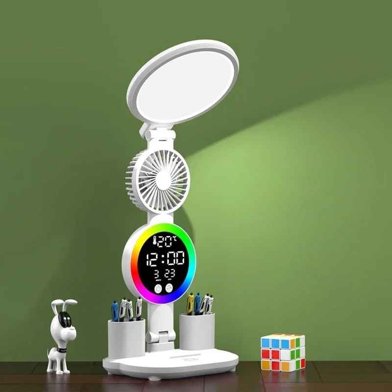 Techtic LED Masa Lambası Yuvarlak Başlı Fanlı Saatli 3 Renk Rgb Işıklı Dimmer Şarjlı Göz Korumalı - Beyaz Akıllı Saat Aksesuarı Fiyatı