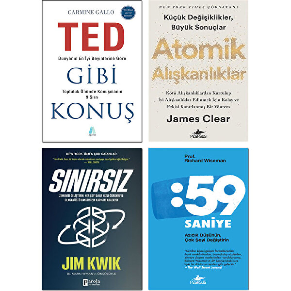 Ted Gibi Konuş - Carmine Gallo - 59 Saniye - Richard Wiseman - Sınırsız - Jim Kwik - Atomik Alışkanlıklar - James Clear – 4’lü Kişisel Gelişim Kita... Kişisel Gelişim ve Psikoloji Fiyatı
