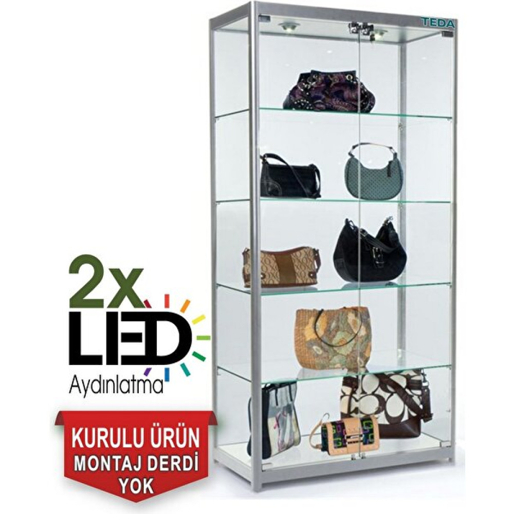 Teda Camlı Vitrin - Cam Dolap - Camlı Koleksiyon Vitrini - Teşhir Vitrini - Kupa Dolabı 180X80X40 cm KOD:1880ES GRİ Evrak Dolabı Fiyatı