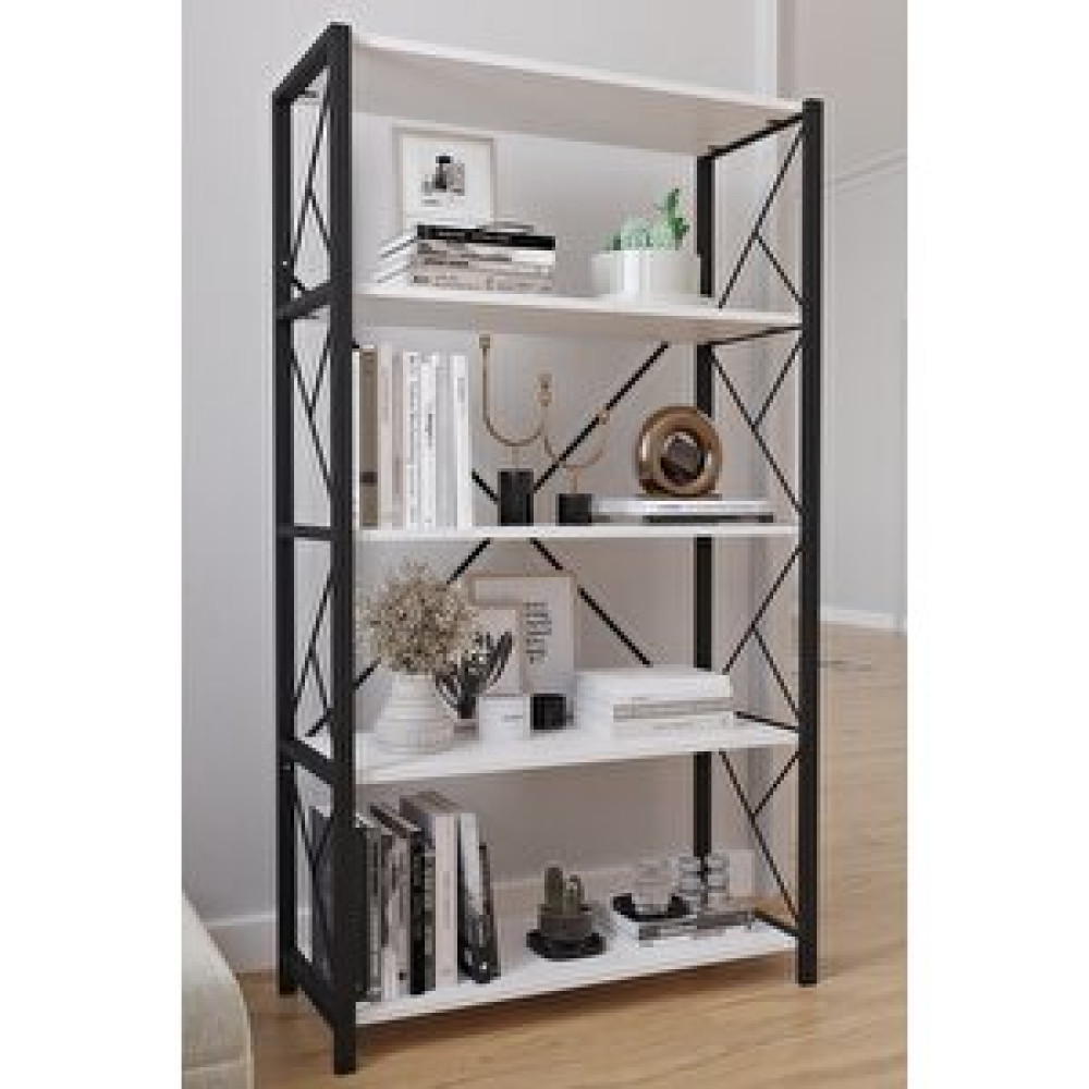 Tedarik Center 5 Raflı Geniş Kitaplık Dekoratif Metal Ayaklı Ofis Rafı Salon Mutfak Rafı 160x90 Çok Amaçlı Raf - Beyaz Kitaplık Fiyatı