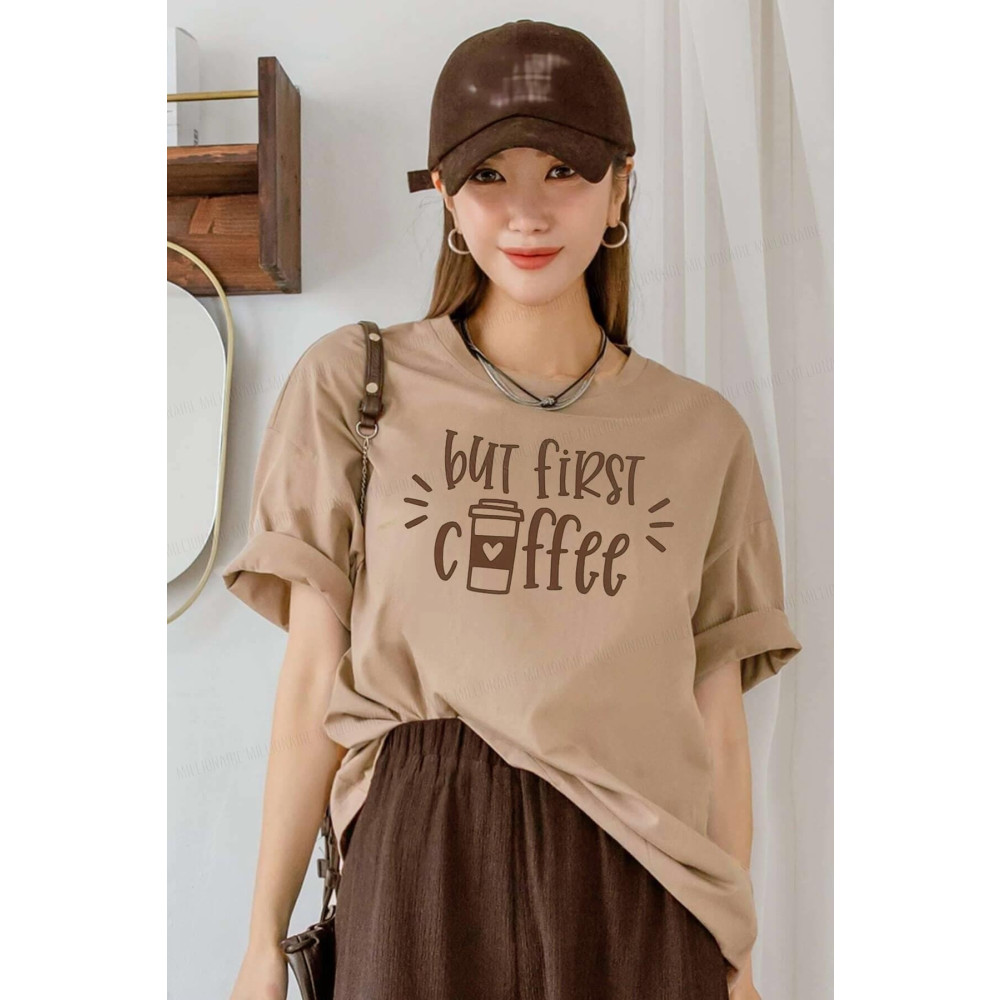 Teenage Millionaire But First Coffee Camel Oversize Salas Boyfriend Kadın T-shirt XS Beden Bayan T-shirt Fiyatı