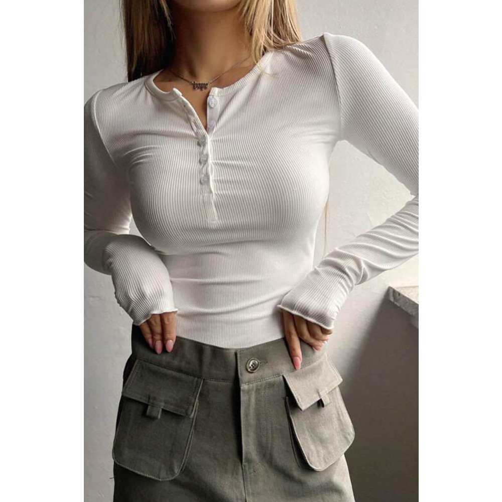 Teenage Millionaire Kadın Beyaz Düğme Detaylı Patlı Düğmeli Bisiklet Yaka Uzun Kollu Fitilli Kaşkorse Bluz Body XL-XXL Beden Bluz Fiyatı