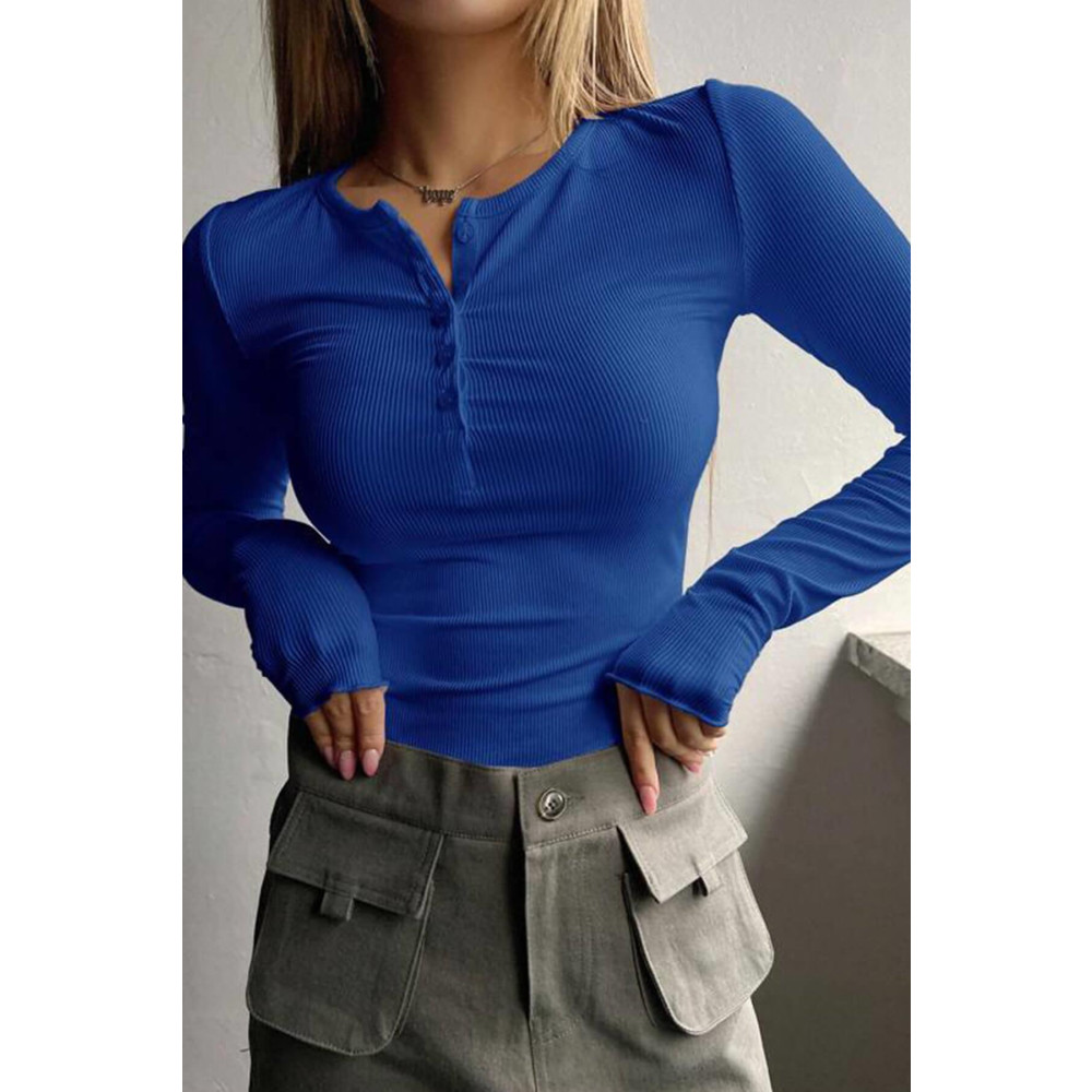 Teenage Millionaire Kadın Mavi Düğme Detaylı Patlı Düğmeli Bisiklet Yaka Uzun Kollu Fitilli Kaşkorse Bluz Body XL-XXL Beden Bluz Fiyatı