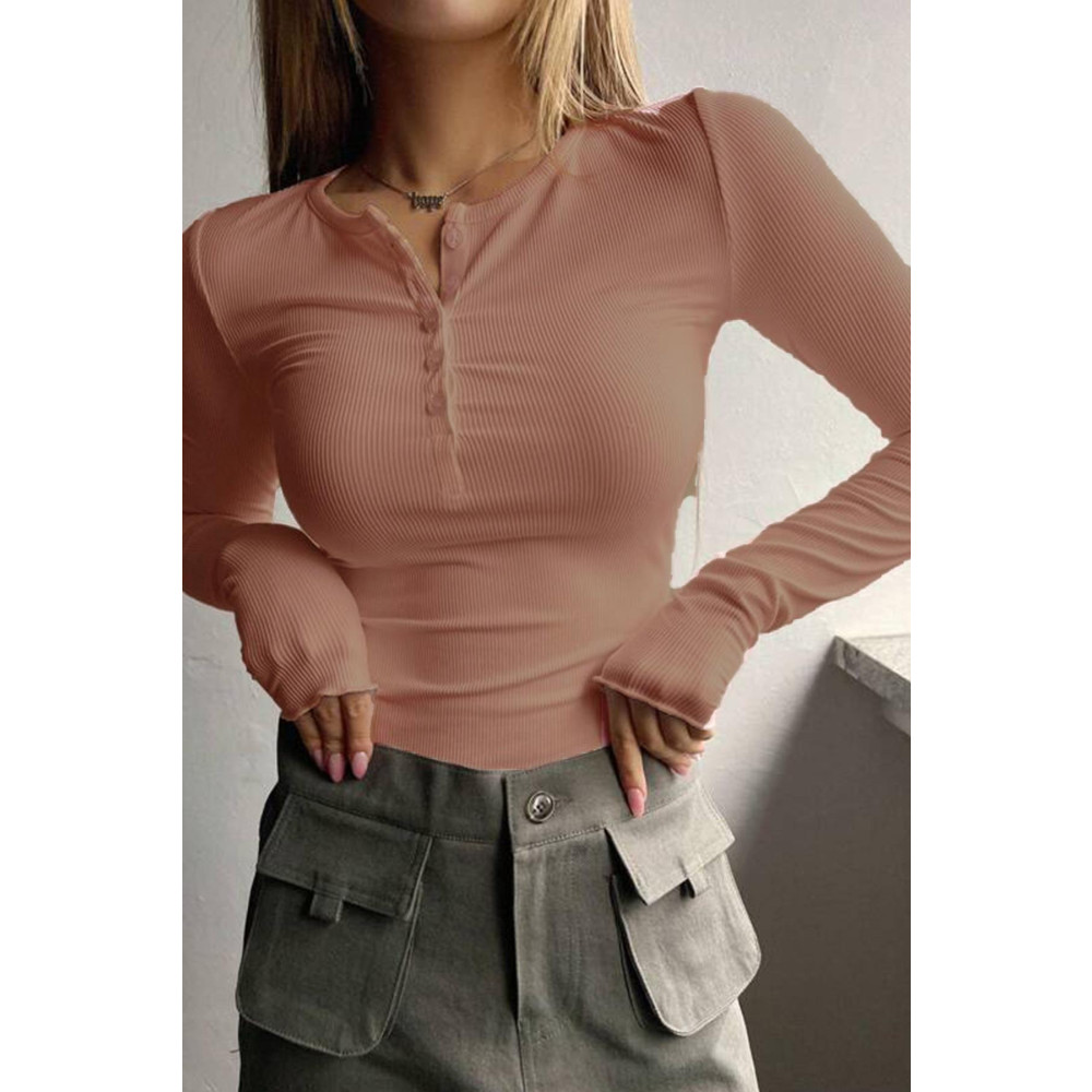Teenage Millionaire Kadın Somon Düğme Detaylı Patlı Düğmeli Bisiklet Yaka Uzun Kollu Fitilli Kaşkorse Bluz Body M/L Beden Bluz Fiyatı