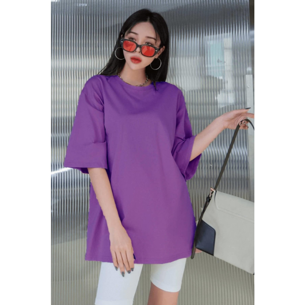 Teenage Millionaire Mor Basic Düz Baskısız Oversize Salas Boyfriend Kadın T-shirt M Beden Bayan T-shirt Fiyatı