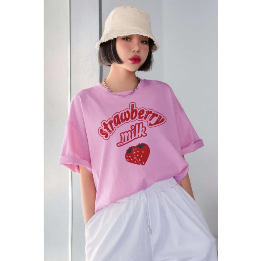Teenage Millionaire Strawberry Çilek Baskılı Pembe Oversize Salas Boyfriend Kadın T-shirt M Beden Bayan T-shirt Fiyatı