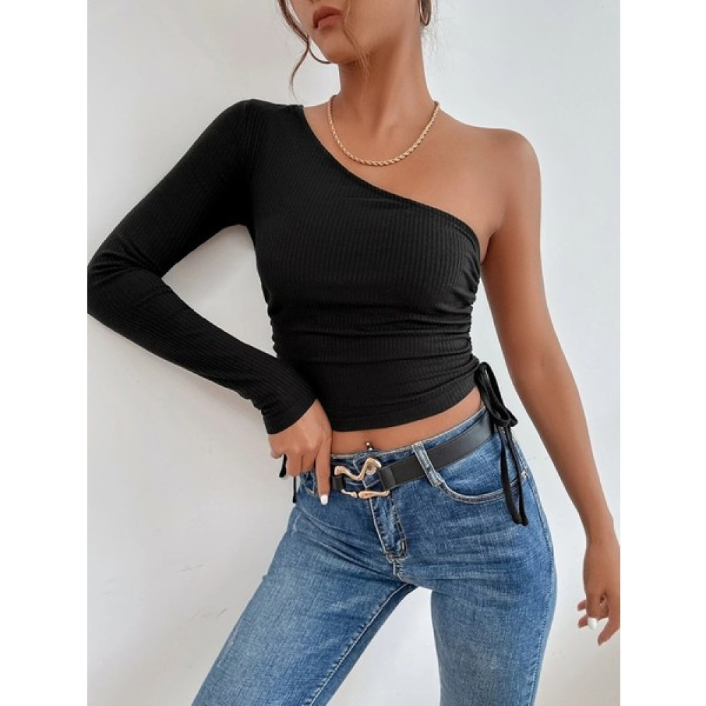 Teeny Store Siyah Crop Top Bluz Uzun Kollu Bağlama Detaylı Tek Omuz Örme Kumaş Yeni Sezon Bluz Fiyatı