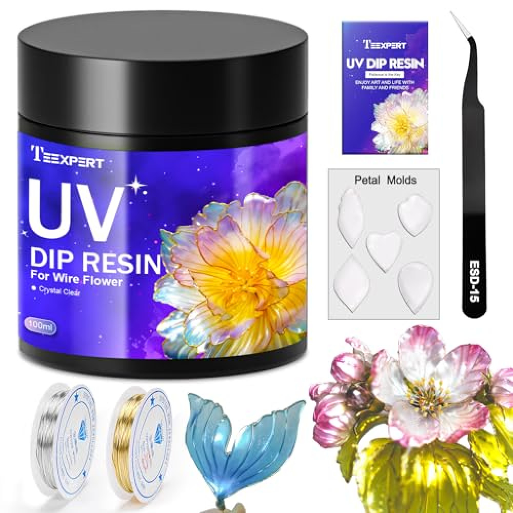 Teexpert UV Dip Resin for Wire Flowers Kit, 100g Crystal Clear UV Resin Starter Kit with 5 Petal Molds, 2Pcs 31FT Wires for Jewelry Making, Fast Cure Thick Glue for DIY Flower Decoration