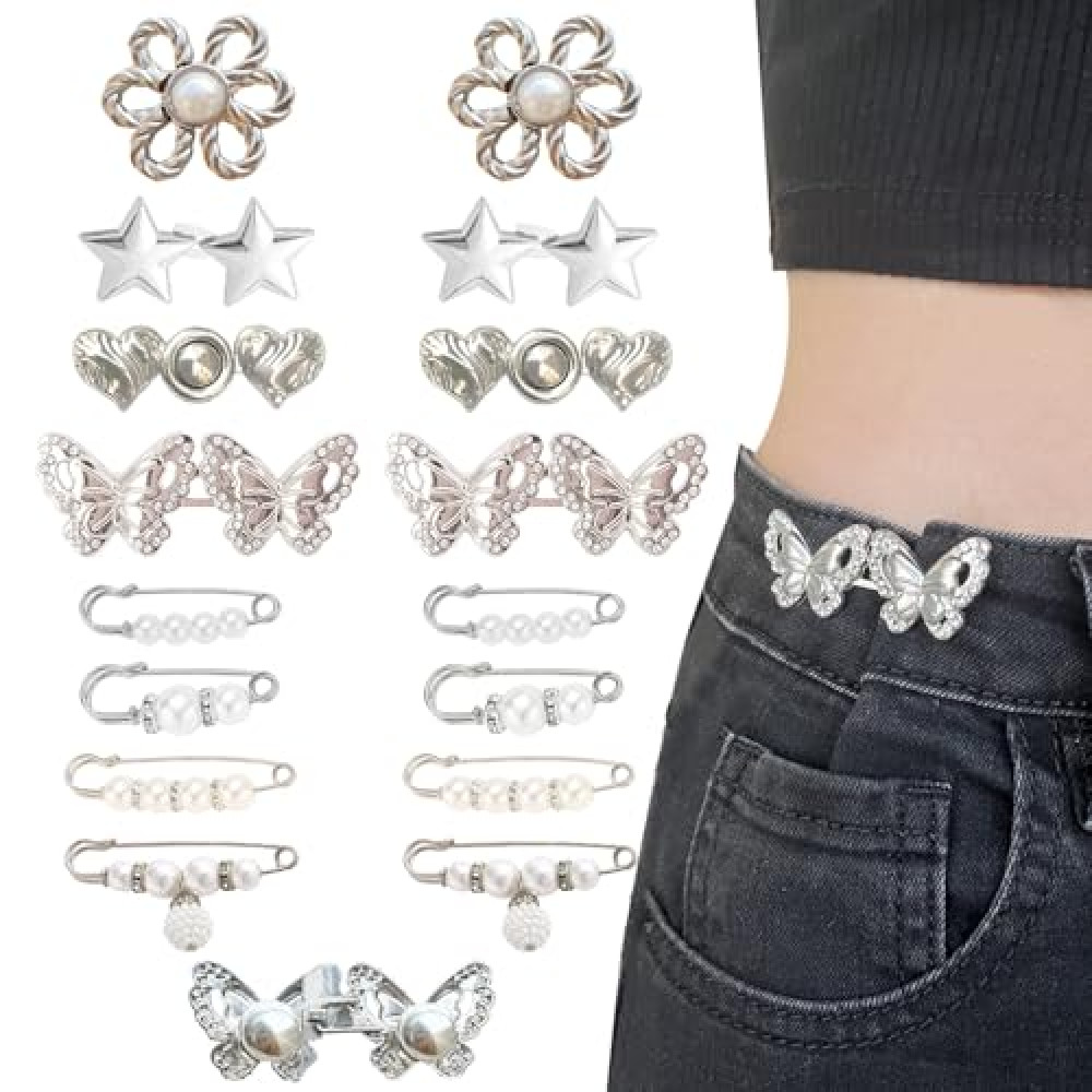 TEJSP 16 Set Pant Waist Tightener, Adjustable Butterfly Pins for Loose Jeans, Reusable Waist Adjuster for Pants Women, Silver Metal, Cap, Flat, Dome, Trapezoid Styles