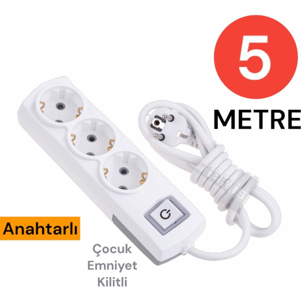 Tek-İş Grup Priz Topraklı 3 Lü 5 Metre Anahtarlı Çocuk Korumalı Çoklu Priz Seyyar Ara Kablo Uzatma Kablosu Prizler Fiyatı