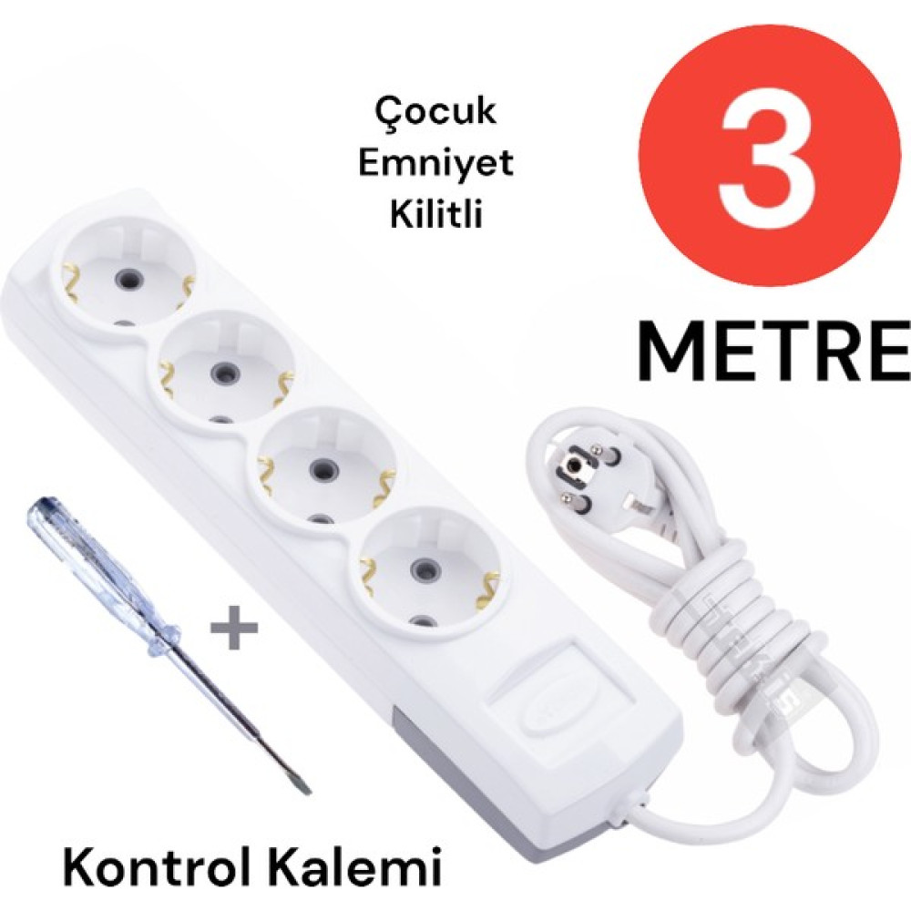 Tek-İş Grup Priz Topraklı 4 Lü 3 Metre + Kontrol Kalemi Çoklu Priz Seyyar Ara Kablo Uzatma Kablosu Prizler Fiyatı