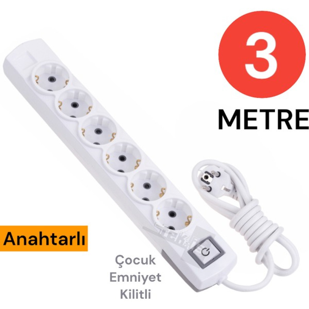 Tek-İş Grup Priz Topraklı 6 Lı 3 Metre Anahtarlı Çocuk Korumalı Çoklu Priz Seyyar Ara Kablo Uzatma Kablosu Prizler Fiyatı