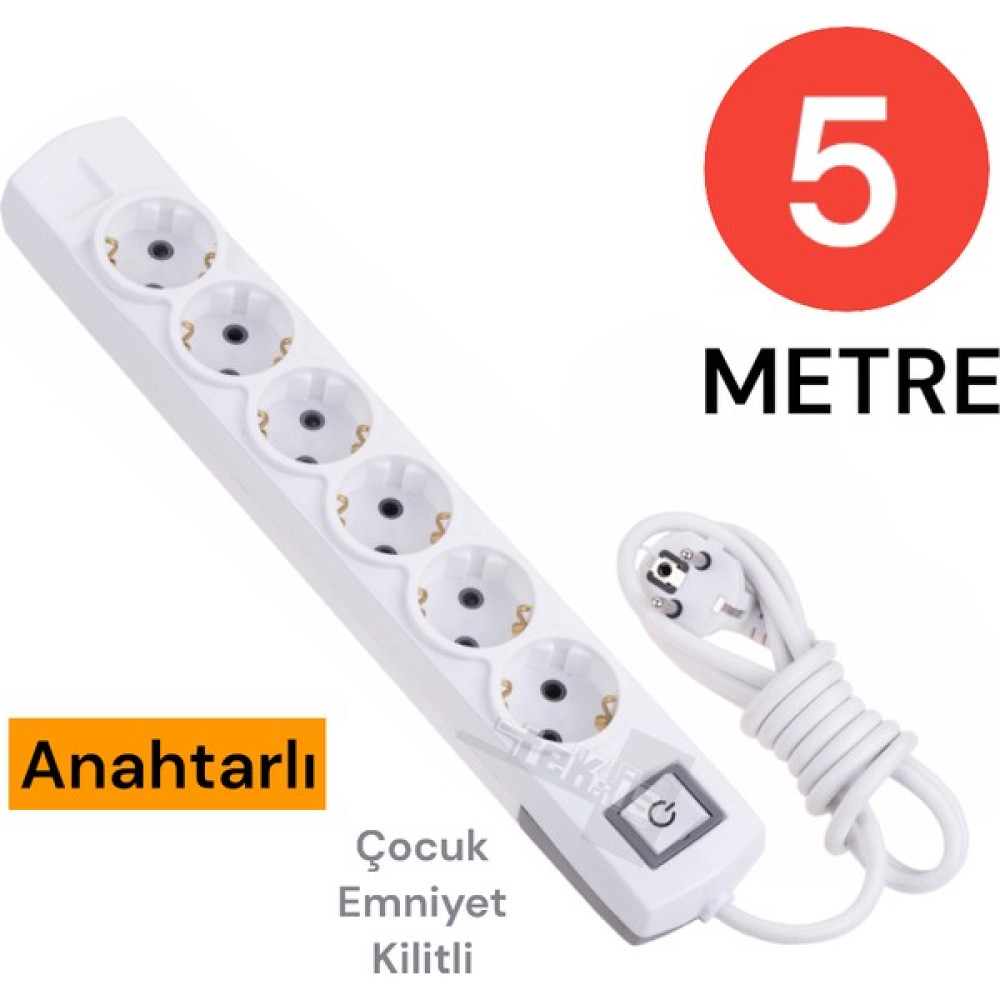 Tek-İş Grup Priz Topraklı 6 Lı 5 Metre Anahtarlı Çocuk Korumalı Çoklu Priz Seyyar Ara Kablo Uzatma Kablosu Prizler Fiyatı