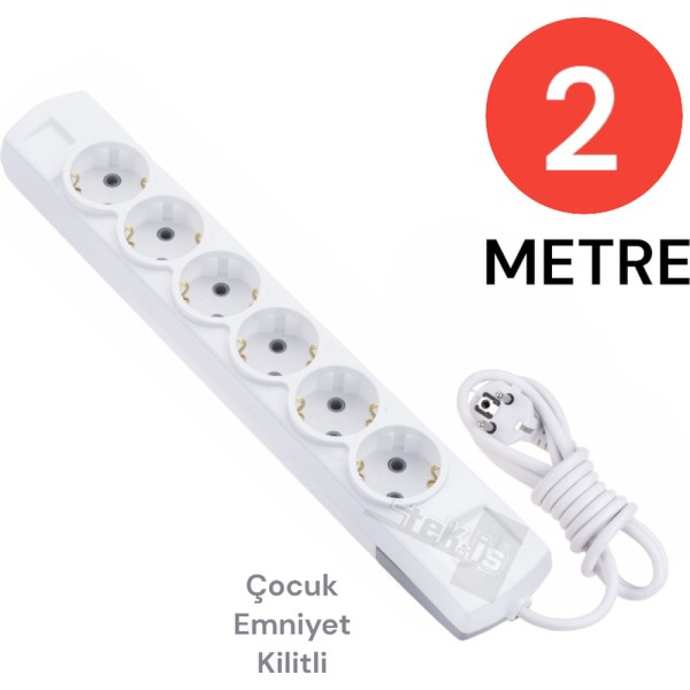 Tek-İş Grup Priz Topraklı 6'lı 2 Metre Çocuk Korumalı Çoklu Priz Seyyar Ara Kablo Uzatma Kablosu Prizler Fiyatı