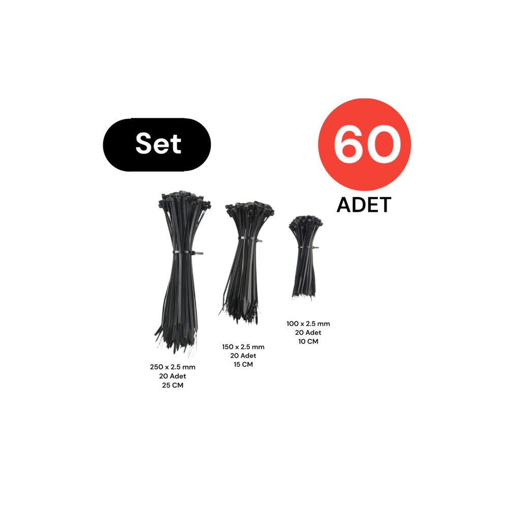 Tek-İş Plastik Kablo Bağı Cırt Kelepçe Set 100-150-250 X 2.5 Mm Siyah (20 X 3) 60 Adet Elektrik ve Aydınlatma Fiyatı